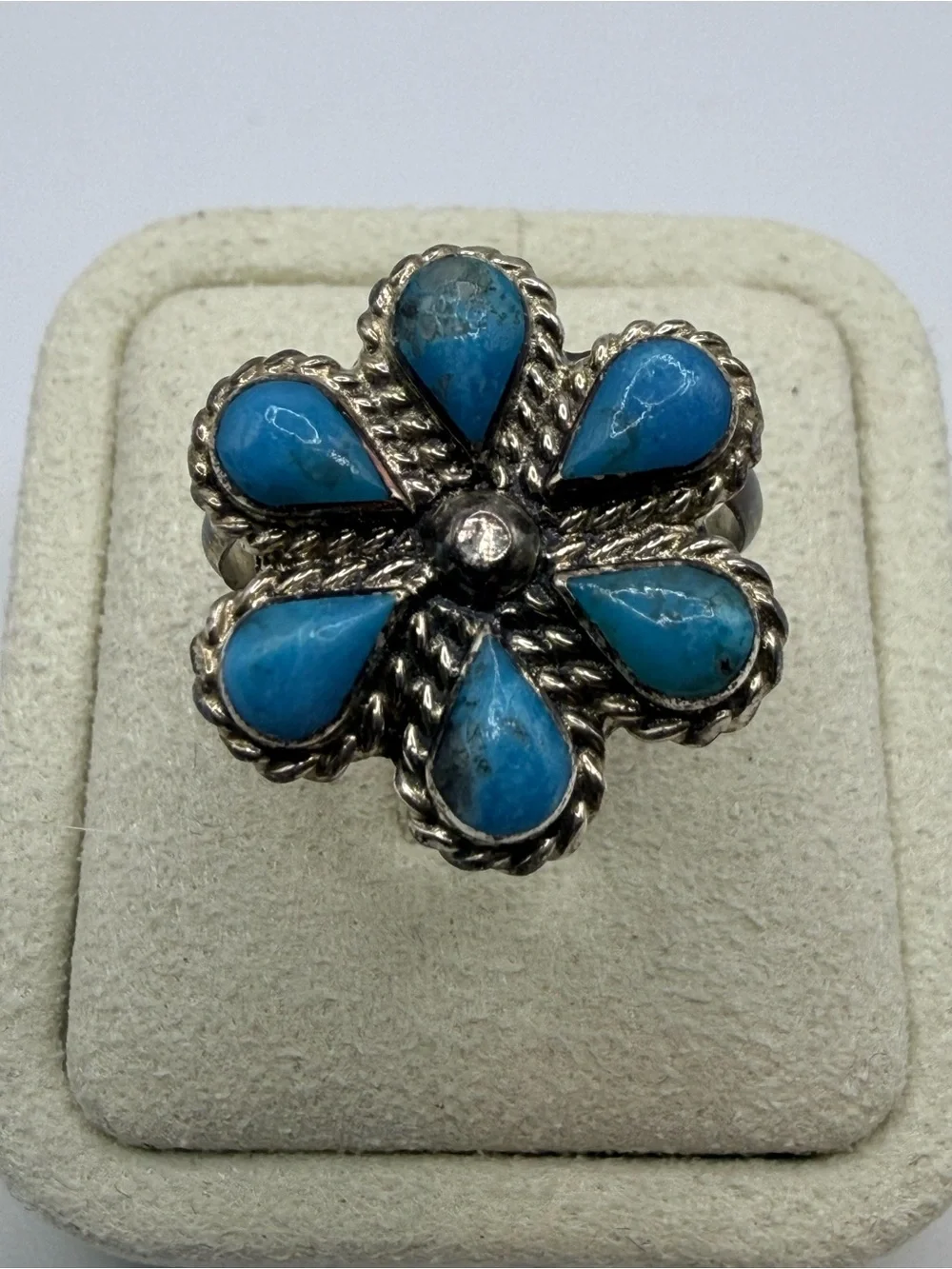 Native‎ American Sterling Silver Turquoise Flower Ring MGD Mary Grace Design sz6